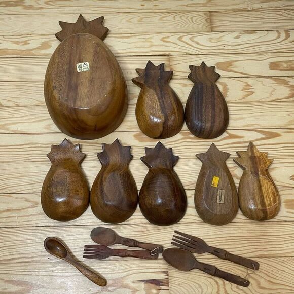 Vintage‎ Monkey Pod Pineapple Shape Wooden Bowls Hawaii Set Of 13 Alii Mid 1970s - Picture 5 of 6